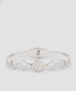 Rhinestone Clover Cutout Stainless Steel Bangle PSS1030