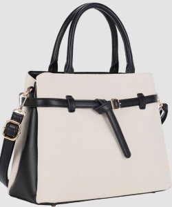 Women's Two-Tone Canvas and Faux Leather Satchel with Crossbody Strap PZW-31451A