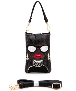 Glasses Lady Sequin Cell Phone Convertible Swing Bag R1015A