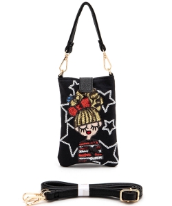 Girl Print Sequin Cell Phone Convertible Swing Bag R1015B