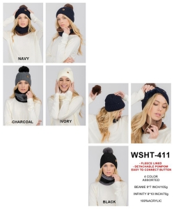 Detachable Fur Pom-Pom Knit Sweater Hat & Infinity Scarf Set WSHT411