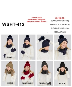 Detachable Fur Pom-Pom Knit Sweater Hat, Infinity Scarf & Gloves Set WSHT412