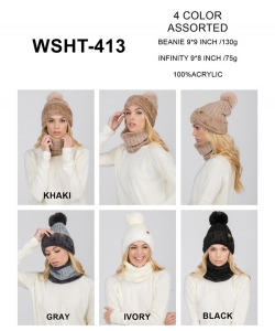Detachable Fur Pom-Pom Knit Sweater Hat &Infinity Scarf Set WSHT413