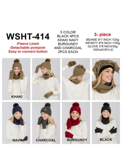 Detachable Fur Pom-Pom Knit Sweater Hat, Gloves & Infinity Scarf Set WSHT414